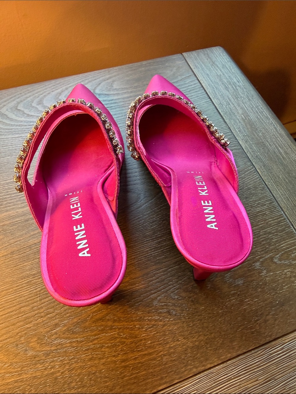 Anne Klein Hot Pink Satin Pointed-Toe Jewel Strap Mules - Picture 2 of 5